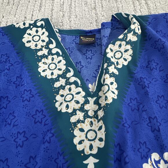 Kaftan Bell Pepper One Size Dress Blue Green Glitter Embellishments Floral Midi - Picture 12 of 16